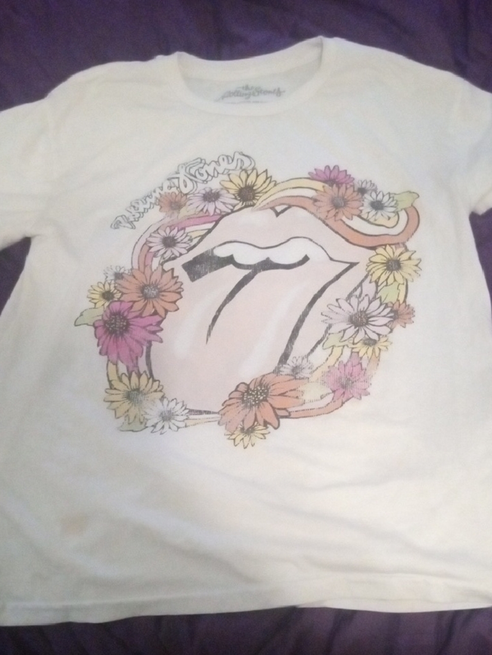 the Rolling Stones White Tee with Floral Tongue Graphic